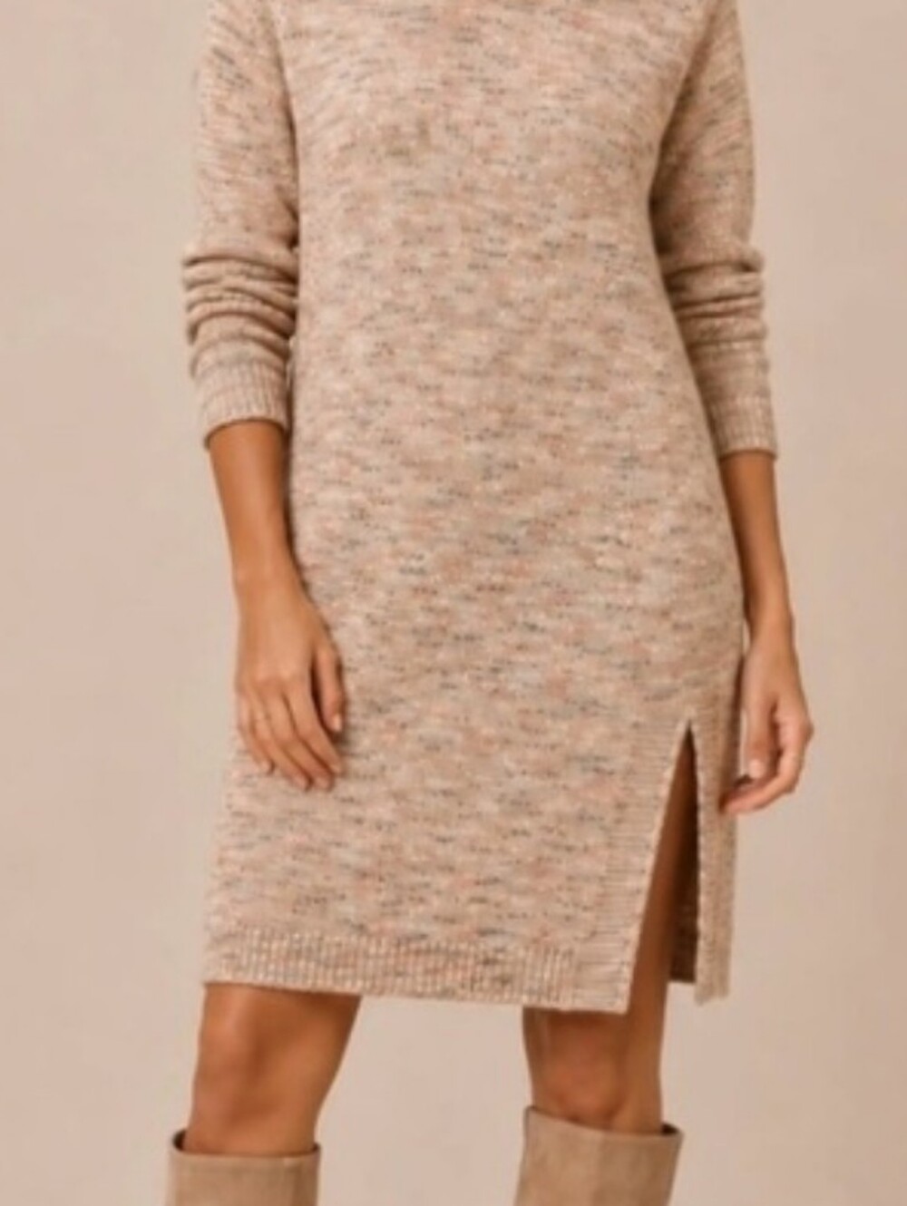purejill Cowl Neck Sweater Dress Tunic Front Slit Peach Gray Size XL Long Sleeve